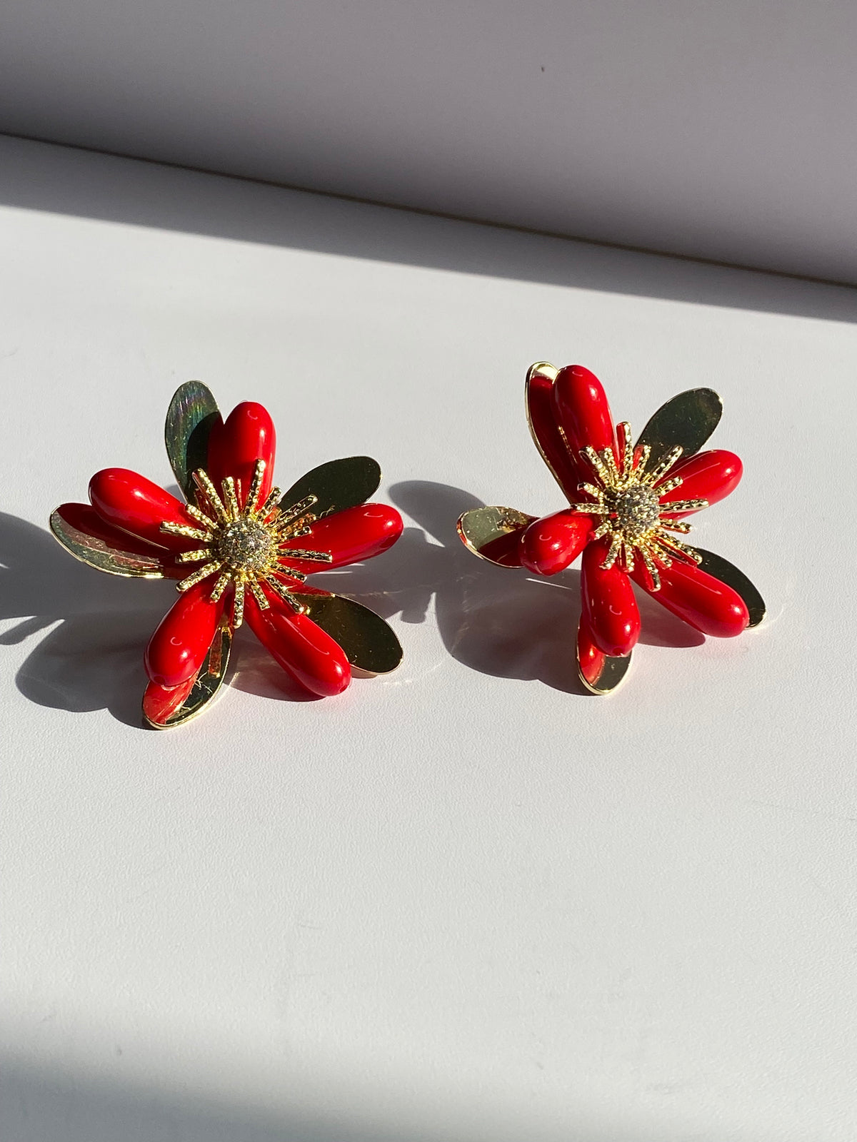 Gold and Red Flower Earrings